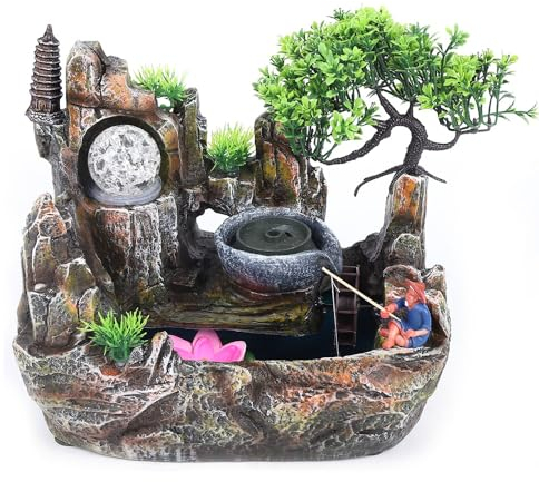 Jiangnan Leben Brunnen Harz Zimmerbrunnen Feng Shui Brunnen Springbrunnen Mit LED Kristallkugel und Zerstäuber Tischbrunnen für Wohnzimmer Büro