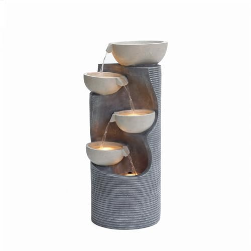 Serenity Large Four Bowl Cascading Water Feature with 4 LED Lights Outdoor Free Standing Stone-Effect Mains Powered