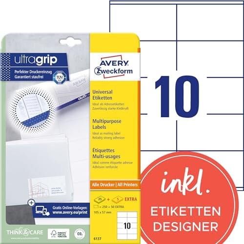 AVERY Zweckform 6137 Adressaufkleber (250 plus 50 Klebeetiketten extra, 105x57mm auf A4, Papier matt, bedruckbare Absenderetiketten, selbstklebende Adressetiketten mit ultragrip) 30 Blatt, weiß