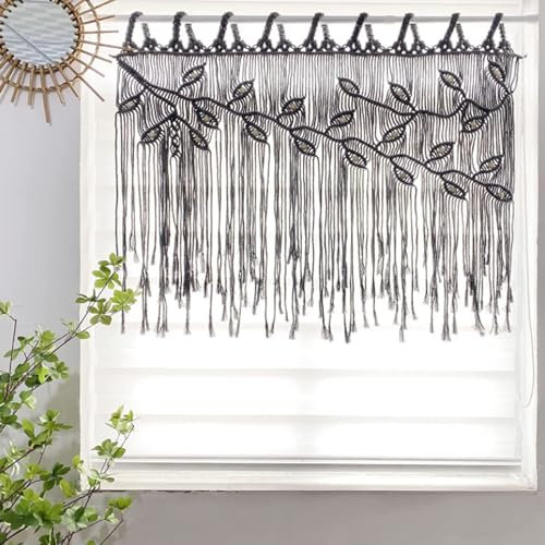 Macrame Curtains with Bead, Woven Window Valance, Short Window Curtains, Woven Tapestry Boho Wall Hanging,Leaves Country Bistro Curtains, Kitchen Curtain for Living Room Balcony Door 43Lx32W (Grey)