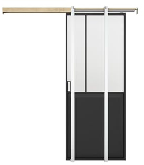 Vente-unique - Porte coulissante atelier avec systéme à galandage - Noir et verre trempé - H205 x L93 cm - ARTISTO II