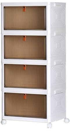 YULLING Shoe Storage Box, Plastic Storage Bins Organizer Boxes with Lids Wheels, Stackable Storage Bins for Bedroom Living Room Entryway Kitchen Study Office, Folding Storage Boxes (4 Pack)