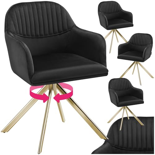 tectake® 4 x Esszimmerstuhl drehbar, Armlehnstuhl drehbar, ergonomischer Stuhl Samt, Stühle für Esszimmer, Möbel für Wohnzimmer, Arbeitszimmer, Esstisch, Schminktisch - 4er Set - schwarz/Gold