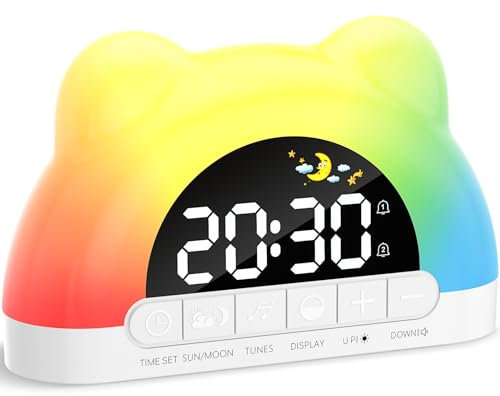 VOSFEEL Kinderwecker,Wecker Kindermit 11 RGB Lichtern,Schlaftrainer Für Kinder Soundmaschine Dual Wecker Schlummerfunktion 12/24H Zeitanzeige Für Jungen und Mädchen