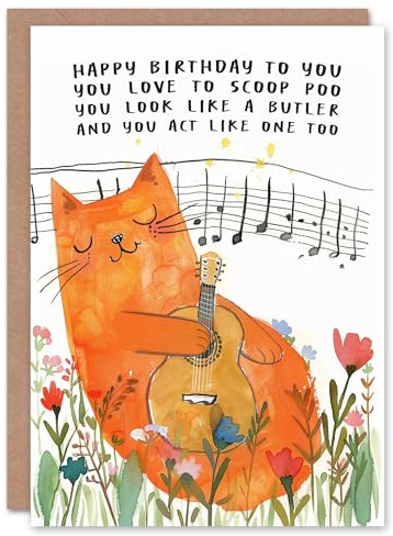 Artery8 Orange Tabby Guitar Song Cat Lover Floral Funny Blank For Him Or Her Art Birthday Card