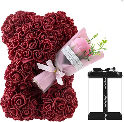 GDJIAYIYI Rosen-Teddybär, Rosenblumenbär, künstlicher Blumenbär, Bär, Geburtstagsgeschenk, für Frauen, Damen, Freundinnen, Mädchen, Mütter, Großmütter, Väter (Weinrot)
