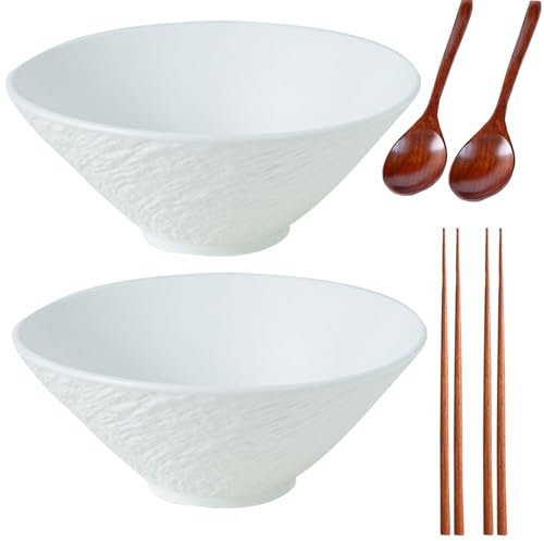 Sightday Ramen Bowl,Noodle Bowl,1000ml Ramen Bowl Set of 2(Ramen Bowl with Ramen Spoons,Chopsticks),Ceramic Bowl for Pasta Bowl,Snack,Soup,Salad Bowl,Cereal Food,Large Bowl(White-L)