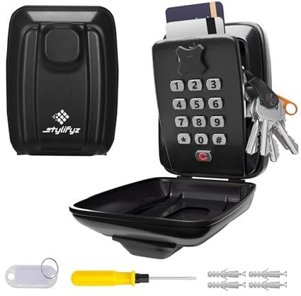 STYLIFYZ Wall Mounted Key Safe - 12-Digit Combination Lock Box - Waterproof Keysafe - Large Key Hider - Heavy Duty Door Key Safe For Home, Office & Garage (Shiny Black)