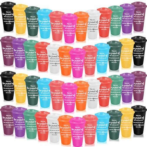 Kaxtde 48 Pcs Thank You Plastic Tumblers Bulk, 16 oz Reusable Coffee Cup with Lid for Employee Appreciation Gift Inspirational Travel Mug for Teacher Coworker Staff Gifts(12 Colors)