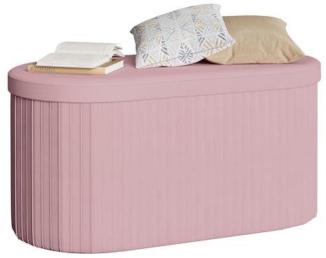 WOLTU Sitzbank mit Stauraum, Sitztruhe faltbar mit Deckel, Sitzbank aufbewahrungsbox, Truhenbank, Polsterbank rund aus Velvet MDF, 76x38x38 cm,Pastellrosa