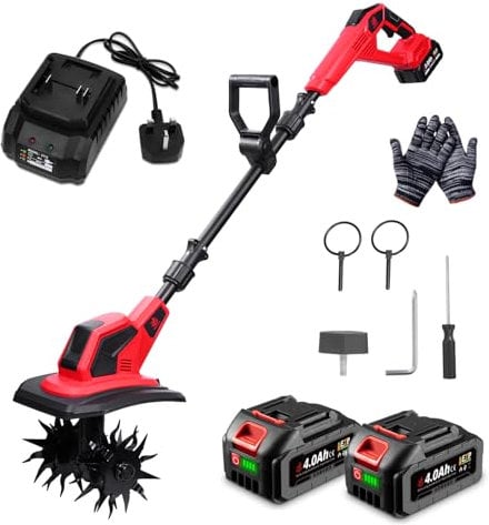 Electric Garden Rotavator Cordless Tiller Cultivator - Lightweight Soil Tiller with 17cm Tilling Width and 24cm Working Depth, Best Electric Rotavator for Garden(Incl. 2 Batteries)