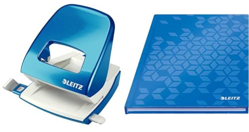 Leitz WOW Set Büro Locher aus Metall + Notizbuch A5 kariert, 160 Seiten, 80 Blatt, Locher für 30 Blatt, Anschlagschiene mit Formatvorgaben, Ergonomisches Design, Blau, 50081036 + 46281036