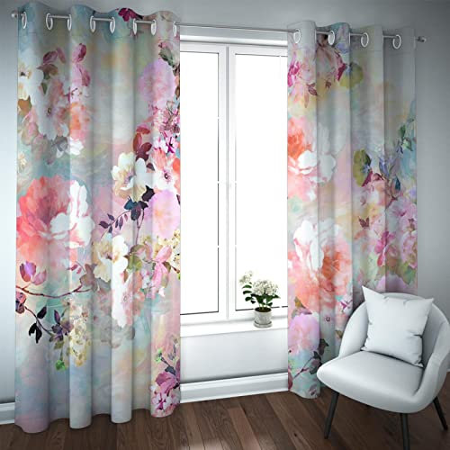 Lot de 2 rideaux occultants thermiques à œillets pour chambre de fille Motif floral pastel Rose aquarelle 86,4 x 114,3 cm