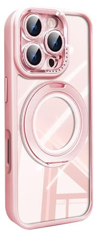 HAMEXLN Magnetica Custodia per iPhone 16 PRO Max/16 Pro/16 Plus/16, Antiurto Ultra Sottile Cover con Cavalletto Fotocamera Protezione Chiaro Caso,Rosa,16 PRO Max