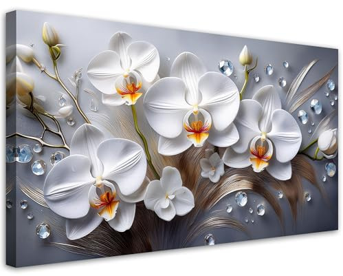 Feeby Wandbild - Wohnzimmer Modern Deko - Orchideenblüte Weiß 3D gemalt - 100x50 1tlg - Bilder Leinwand - Bild auf Leinwand Schlafzimmer - Leinwandbilder für die Wand - Canvas Painting - Fotokunst