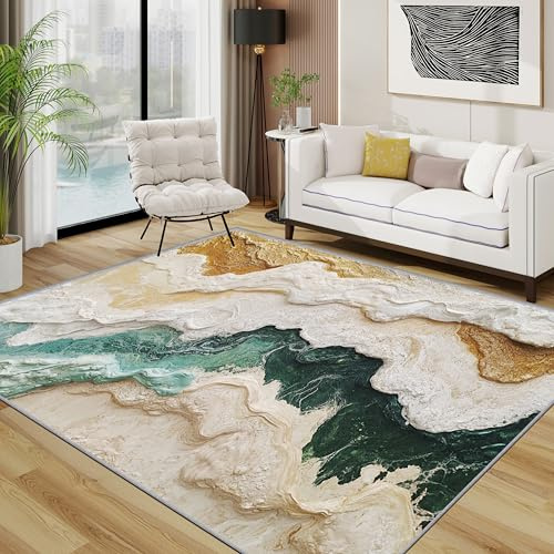 TerroVee Marmor Teppich Waschbar, Modern Abstrakt Kunst Teppich 80x150 cm, 3D Textur rutschfest Waschbar Pflegeleicht Teppiche Für Schlafzimmer Küche, Gold Weiß Grün