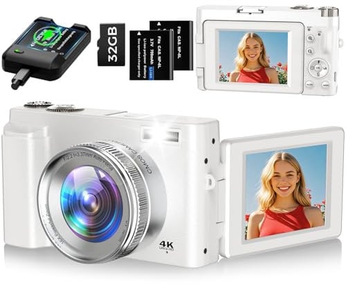 Macchina Fotografica 4K 48MP Autofocus Fotocamera Digitale con Zoom 16X, Schermo Flip 180° Fotocamera Compatta con scheda di Memoria da 32G, Stazione di Ricarica, 2 Batterie per Principianti(Bianco)