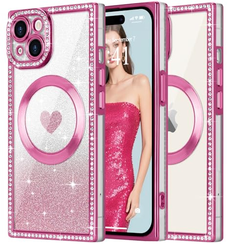 ROSEHUI Clear Glitter Case for iPhone 15 Plus/14 Plus [Compatible with MagSafe] with Removable Heart Pattern Flash Card,Cute Rectangle 3D Diamond Bling Sparkly Magnetic Phone Case for Women-Hot Pink