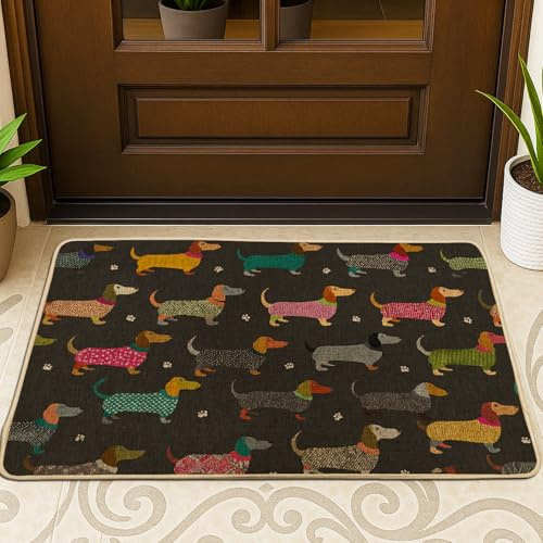 Fußmatte mit Dackel-Motiv, bunte Wursthunde, für drinnen und draußen, für alle Jahreszeiten, lustige Dekoration, rutschfester Bodenteppich, leicht zu reinigen, 73 x 43 cm