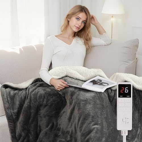 Wärmedecke Elektrisch Heizdecke mit Abschaltautomatik 130x160cm, Flanell & Baumwolle, 9 Wärmestufen & 9H Timer, Überhitzungsschutz, Weich hautfreundlich, Maschinenwaschbar Für Sofa/Bett, Hellgrau