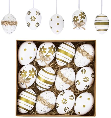 Valery Madelyn 12er Ostereier zum Aufhängen für Osterdeko,6cm Modern Plastikeier für Ostern Deko,Weiß Gold Ornament für Osterkörbchen Frühlingsdeko,Ostern Geschenke