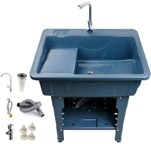 Lavatoio da Esterno in Resina con Asse da Bucato, Lavatoio Lavanderia Indipendenti con Rubinetto, Valvole e Tubo di Scarico, Portante 200 Kg, per Lavanderia, Cantina, Garage(Blue,80 * 56 * 80cm)