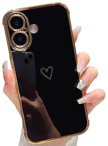 ZTOFERA Herz Handyhülle für iPhone 17 (6.3), Schwarz | Niedliche Liebe Herz Muster, Mode Goldener Rand, für Mädchen Frauen, Weiche Flexibel Silikon Hülle, Stoßfest Schutzhülle
