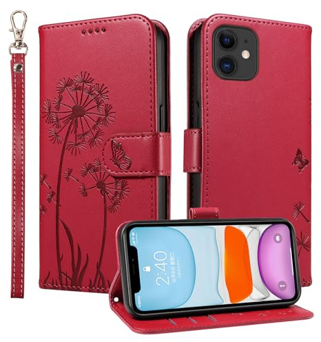 Trugox Handyhülle für Apple iPhone 12 Mini Klapphüll Löwenzahn Hülle Klappbare mit Kartenfach Handytasche Schutzhülle Handy Tasche Leder Wallet Flip Case Cover - Rot