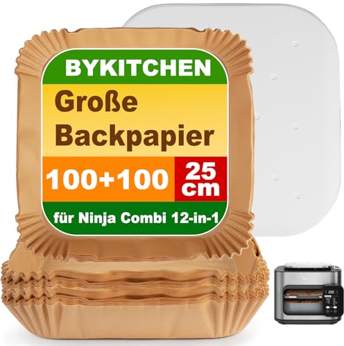 BYKITCHEN Airfryer Backpapier für Ninja Combi 12 in 1 SFA700EU, 200 Stück | 100 eckige und 100 perforierte Papiereinlagen für den 12-in-1 Multikocher, Einweg-Airfryer Zubehör