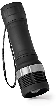 EMOS LED Zoombare Taschenlampe, IP43 wasserdicht und frostbeständig, 75 Lumen, 125 Meter Leuchtweite, 15 Stunden Laufzeit P4702 black 3,5 x 3,5 x 12 cm