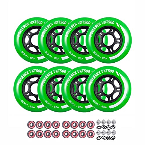 Rollerex VXT500 Inline-Skate-Rollen, 8er-Pack mit Lagern, Abstandshaltern und Unterlegscheiben, langlebige Ersatz-Rollenblätter für Skaten im Innen- und Außenbereich (80 mm, Turf Green)