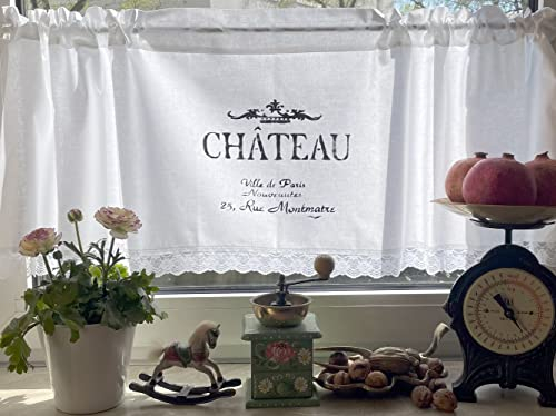 Leinenshop24 Bistrogardine Kurzgardine Weiß mit Spitze Paris Baumwolle 140 x 43 cm Landhaus Shabby Retro Cafe de Paris French Vintage