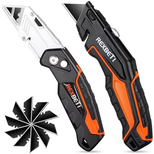 REXBETI 2-Pack Utility Knife, Heavy Duty Retractable Box Cutter for Cartons, Cardboard and Boxes, Blade Storage Design, Extra 10 Blades Included