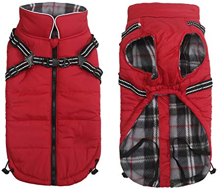 Warm Pet Dog Coats and Jackets,Waterproof Reflective Pet Dog Harness Vest Winter Puppy Clothes with Chest Strap, Outdoor Walking Adjustable Chest Strap-Red-M