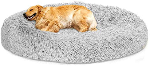 Loir Fluffy hundebett für große und extra große Hunde, 110 cm, Hellgrau, Donut Weiches Plüsch Rundes hundekissen, Waschbar, Tiefschlaf