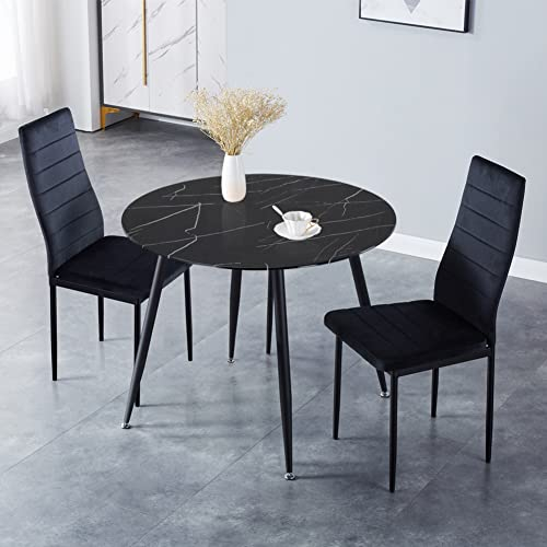 GOLDFAN Esstisch und 2 Stühle Set, Kleiner Tisch und Stühle Rund, Marmor, Schwarz, 80cm