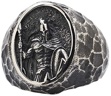 ForFox Vintage Schwarz 925 Sterling Silber Griechischer Spartanischer Krieger Ring für Herren Damen Offen und Verstellbar