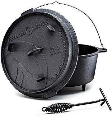 FLAME ROCK Dutch Oven 12.0, traditioneller, gusseiserner Feuertopf mit 11 Liter Fassungsvermögen, bereits eingebrannt pre seasoned, extrem hitzebeständig, inklusive Deckelheber