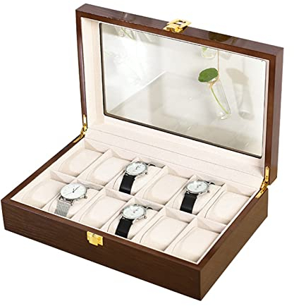 Guolich Boîte de Rangement de Montre étui de Support de Montre Bijoux en Bois Massif Bracelet Collection Organisateur avec Couvercle en Verre (Marron 12 Fentes)