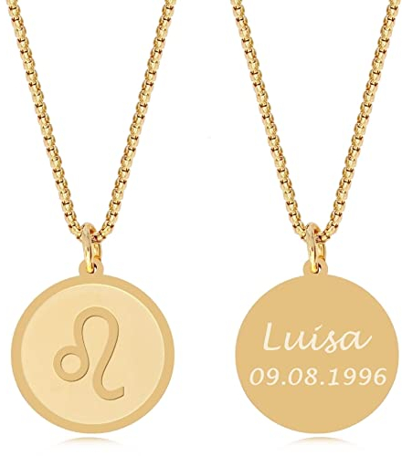 TIMANDO Damen Sternzeichen Kette Löwe mit Gravur, Personalisierte Halskette mit Namen in goldfarben, Horoskop Anhänger, Geburtstagsgeschenk