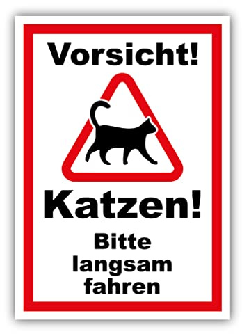 tradercat Vorsicht Katzen Bitte langsam fahren Schild PVC Hartschaumplatte 30 x 21 cm UV-Schutz Katzen Hinweisschilder Warnzeichen (PVC)