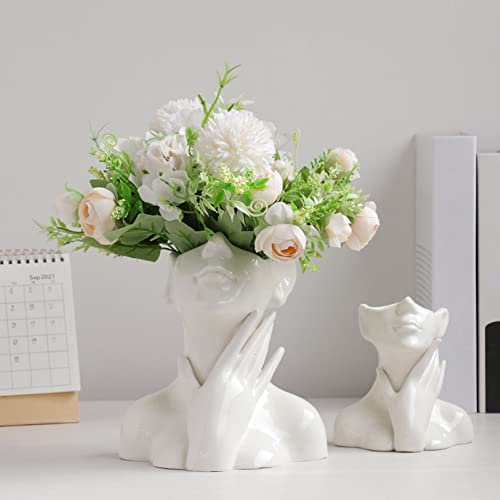 Otzoan Keramik Gesicht Vase, Kreativ Körper Blumenvase, Menschlichen Skulptur Blumentopf Vintage Deko (S, Gesicht mit Hand Am Hals)