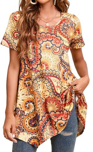 Enmain Tunic Tops for Women UK Short Sleveve Ladies Tunic Dress Casual Plus Size Long Tunics Shirts for Leggings Longline Loose Blouse T Shirt,Yellow,XXL