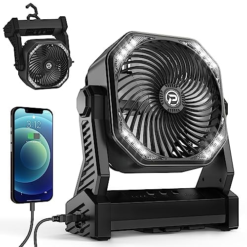 Ventilador de camping con linterna LED recargable 20000mAh Ventilador de tienda de campaña al aire libre con luz y gancho Ventilador de escritorio USB personal para camping y pesca-Negro