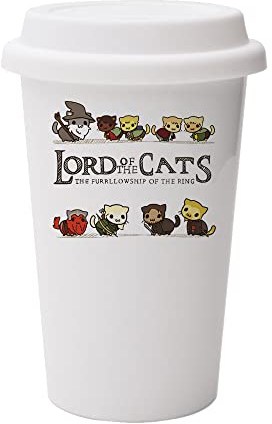 Giftme Lord of The Cats The Furrlowship of The Ring, cat Lover, Animal Lover Birthday, Christmas, Secret Santa 10oz Dual Wall Eco Insulated White Ceramic Travel Mug with White Lid.