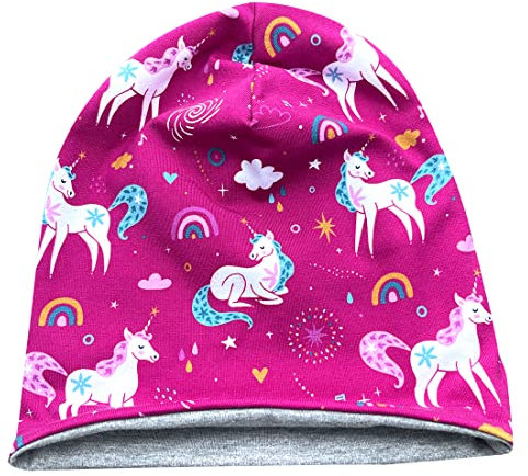 Wollhuhn ÖKO Jungen/Mädchen Bequeme Weiche Long Beanie/Mütze/Beanie-Mütze/Strickmütze/Kindermütze Jersey Gefüttert Übergangszeiten (Öko-Stoffe/Bio)… (Einhörner Beere, M)