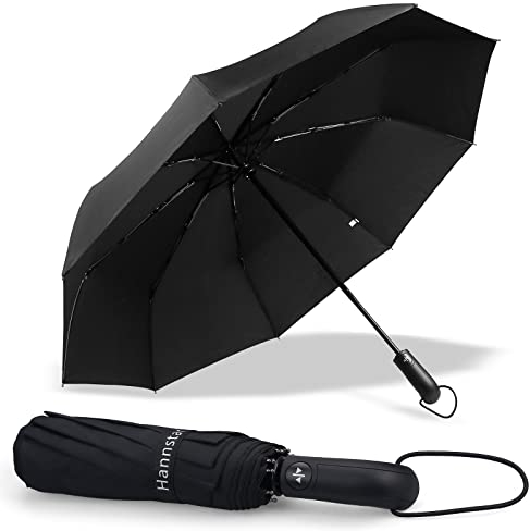 Hannstar Winddichter Reise-Regenschirm – kompakt, leicht, automatisches Öffnen/Schließen, stark und tragbar – windabweisend, kleiner faltbarer Rucksack-Regenschirm – Damen und Herren