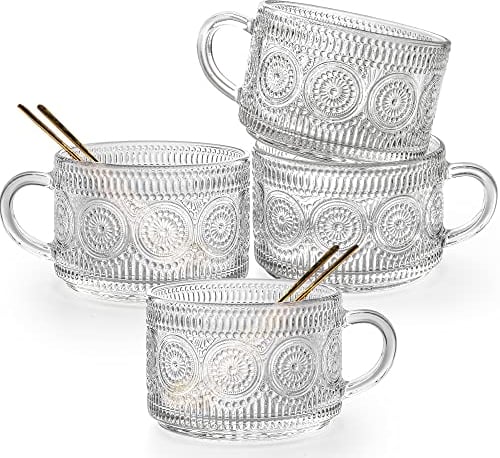Gutsdoor Vintage Glass Coffee Mugs Set of 4, 14 Oz Clear Embossed Glass Coffee Cups, Stackable Breakfast Cups with Gold Spoon for Cereal, Latte, Tea, Beverages (Sunflower*4)