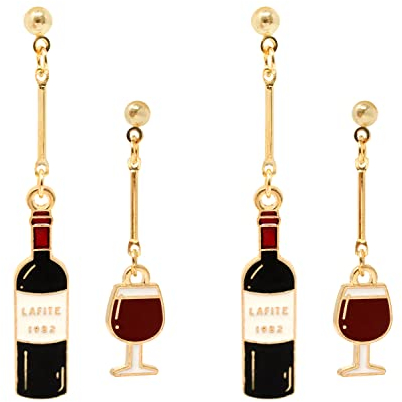 2 Pairs of Unique Wine Glass Wine Bottle Dangle Drop Earrings Enamel Alloy Red Wine Glass Earrings Fun Novelty Creative Earrings Asymmetrical Earrings Party Holiday Celebration Earrings Gift