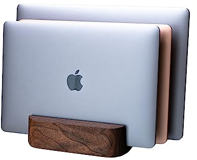 TheHrdwoodCom Triple Laptop Stand Vertical Laptop Holder - Vertical Laptop Stand for Desk - Laptop Holder - Handmade of Natural Wood (Triple Walnut)